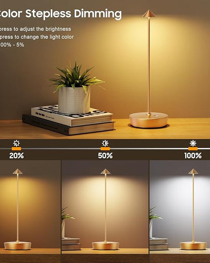 Cordless Table Lamp Rechargeable, LED Portable Outdoor Table Lamp Waterproof 6000mAh Battery Desk Lamp, 3 Color Stepless Dimming Table Light for Restaurant/Bedroom/Bar/Outdoor Party - LeafyLoom