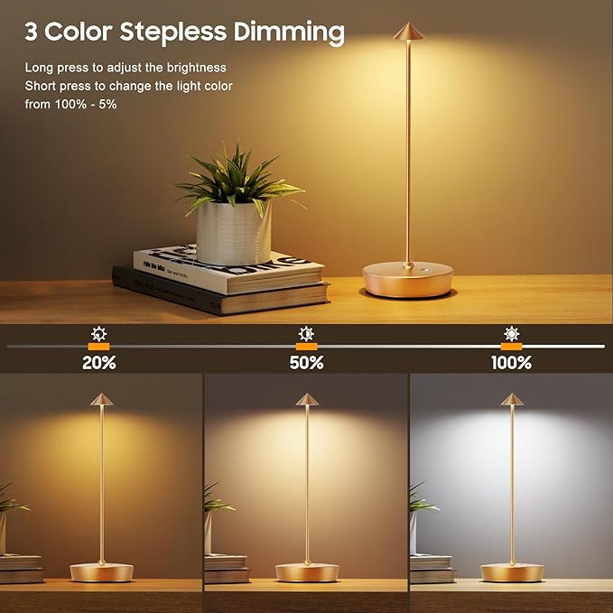 Cordless Table Lamp Rechargeable, LED Portable Outdoor Table Lamp Waterproof 6000mAh Battery Desk Lamp, 3 Color Stepless Dimming Table Light for Restaurant/Bedroom/Bar/Outdoor Party - LeafyLoom
