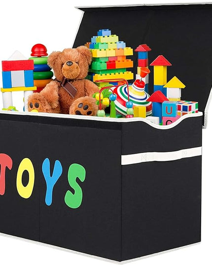 Toy Box Chest, Collapsible Sturdy Storage Bins with Lids, Extra Large Kids Toy Storage Organizer Boxes Bins Baskets for Kids, Boys, Girls, Nursery Room, Playroom, Closet (BLACK) - LeafyLoom