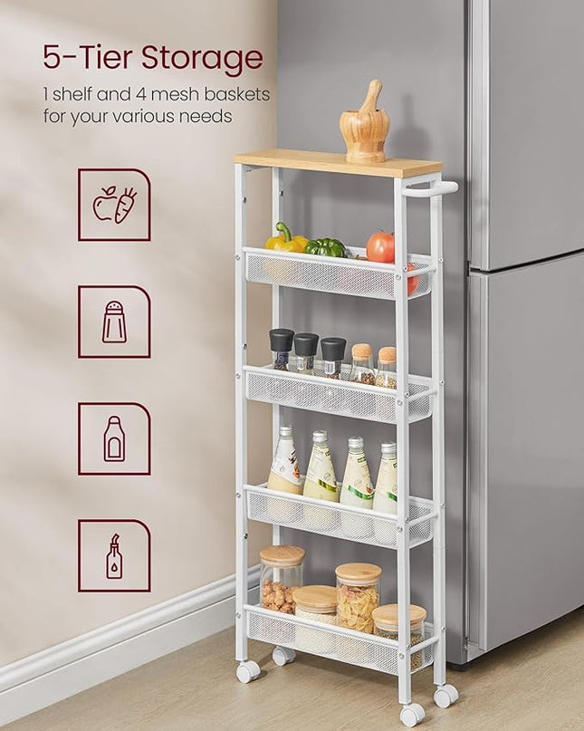 VASAGLE Slim Rolling Cart, 5-Tier Storage Cart, Narrow Cart with Handle, 5.1 Inches Deep, Metal Frame, for Kitchen, Dining Room, Living Room, Home Office, Oak Beige and White ULRC034W09 - LeafyLoom