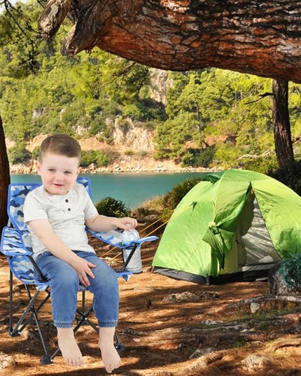 Emily Rose Kids Folding Chair | Beach Chair with Safety Lock- Camping Chair for Boyos Girls Toddler with Cup Holder & Carry Case- Tailgate, Travel, Lawn- for Indoor & Outdoor (Blue Camo) - LeafyLoom