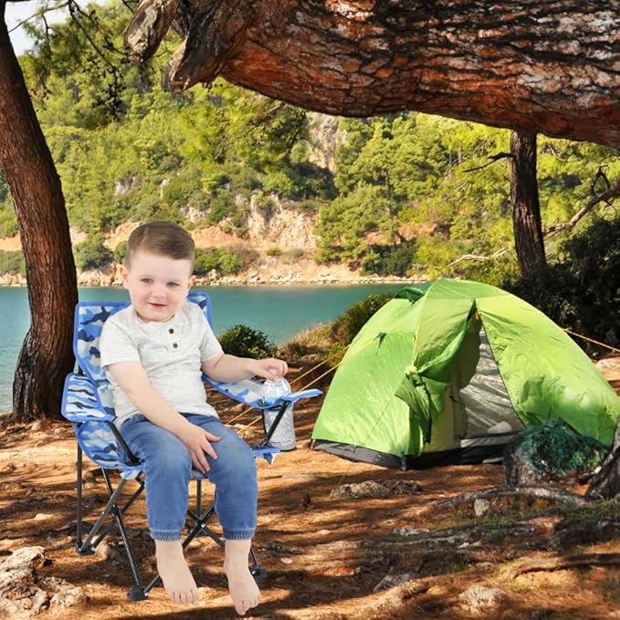 Emily Rose Kids Folding Chair | Beach Chair with Safety Lock- Camping Chair for Boyos Girls Toddler with Cup Holder & Carry Case- Tailgate, Travel, Lawn- for Indoor & Outdoor (Blue Camo) - LeafyLoom