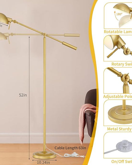 Gold Floor Lamp with Remote Control and Stepless Dimmable Color Temperature and Brightness Reading Standing Lamp with Adjustable Swing Arm for Living Room Bedroom Office, 9W Bulb Included - LeafyLoom