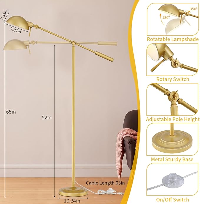 Gold Floor Lamp with Remote Control and Stepless Dimmable Color Temperature and Brightness Reading Standing Lamp with Adjustable Swing Arm for Living Room Bedroom Office, 9W Bulb Included - LeafyLoom