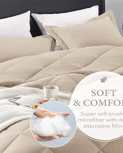 downluxe King Size Comforter Set - Khaki King Comforter Set, 3 Pieces Soft Solid Comforter King Size Set for All Seasons, 1 Lightweight Fluffy Comforter (104"x92") and 2 Pillow Shams - LeafyLoom