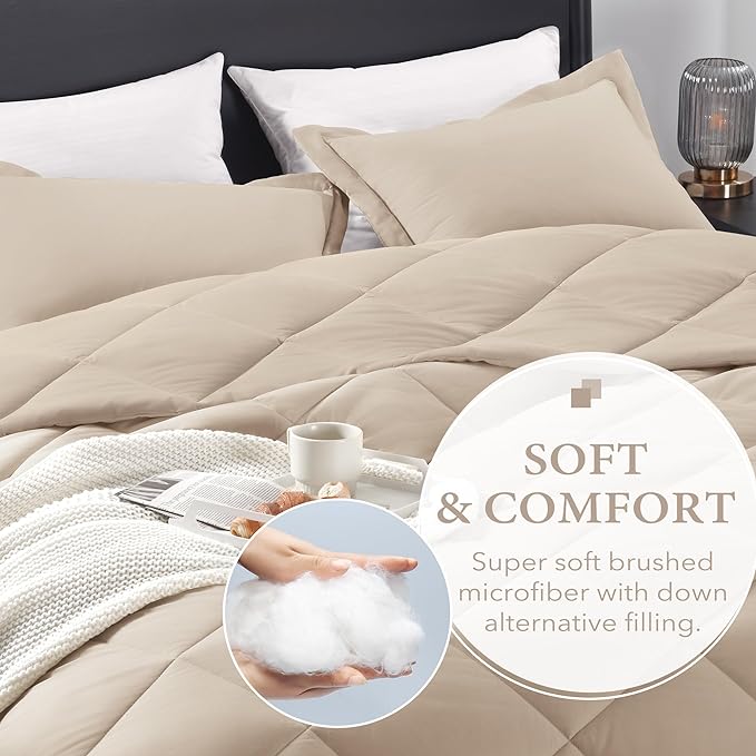 downluxe King Size Comforter Set - Khaki King Comforter Set, 3 Pieces Soft Solid Comforter King Size Set for All Seasons, 1 Lightweight Fluffy Comforter (104"x92") and 2 Pillow Shams - LeafyLoom