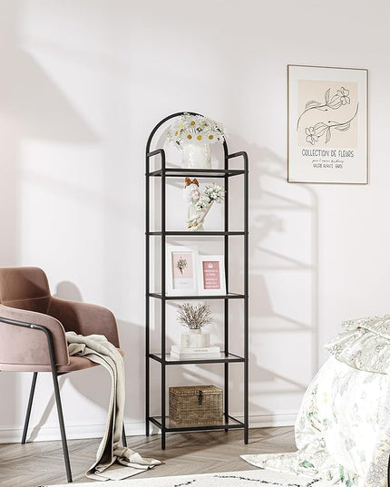 Bookcase Bookshelf, Tempered Glass Bookshelves, Slim Shelving Unit for Bedroom, Bathroom, Home Office, Steel Frame, 5 Tier Black BC05001B - LeafyLoom