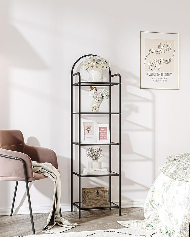 Bookcase Bookshelf, Tempered Glass Bookshelves, Slim Shelving Unit for Bedroom, Bathroom, Home Office, Steel Frame, 5 Tier Black BC05001B - LeafyLoom