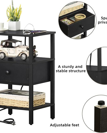 Lerliuo Nightstand with Charging Station and USB Ports, 3-Tier Storage End Table with Drawer Shelf, Night Stand for Small Spaces, Wood Bed Side Table for Living Room, Bedroom - Classic Black - LeafyLoom
