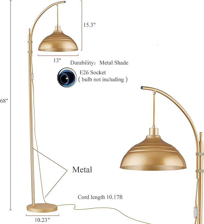 WOXXX Industrial Floor Lamp Modern Rustic Task Floor Lamp in Gold Finish, Standing Lamp Farmhouse Arc Floor Lamps for Living Room Bedrooms Office Vintage Arched Bright Brass Tall Reading Lamp - LeafyLoom
