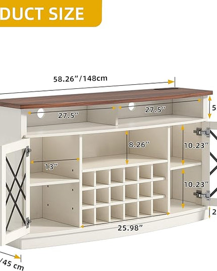 DWVO Wine Bar Cabinet with LED Light, 58'' Large Wine Cabinet w/Storage, Tempered Glass Doors, Adjustable Shelf, 32'' Tall Coffee Bar for Living Room, Dining Room, White - LeafyLoom