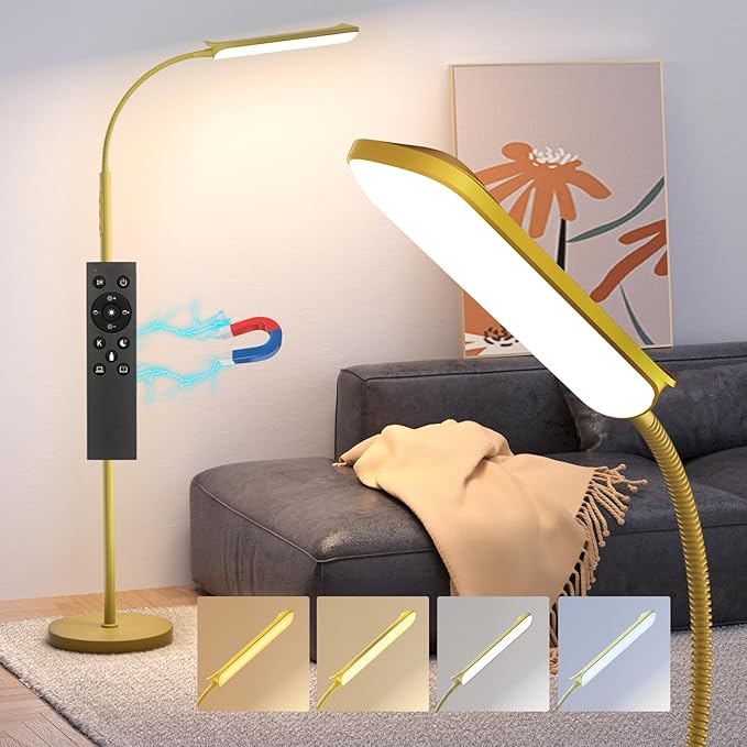 LED Floor Lamp, 18W Super Bright Floor Lamp for Living Room, Adjustable Stepless Colors & Brightness Gooseneck Standing Lamp, Eye Caring Reading Light with Remote& Touch Control for Bedroom Office - LeafyLoom