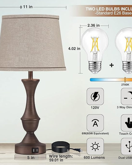 Luvkczc Table Lamps for Bedrooms Set of 2, Touch Bedside Lamps with USB C+A Ports, 3-Way Dimmable Nightstand Lamps for Bedroom, Living Room, Bulbs Included - LeafyLoom