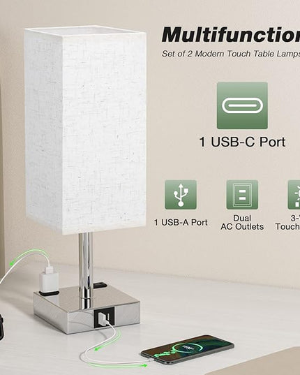 Off White Set of 2 Touch Lamp with USB Port-Nightstand Lamp with USB-C+A Charge Ports& AC Outlets, 3-Way Dimmable Bedside Lamp with Shade,Small Table Lamp for Bedroom Guest Room( Bulb Included) - LeafyLoom