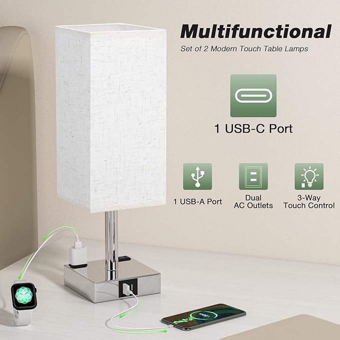 Off White Set of 2 Touch Lamp with USB Port-Nightstand Lamp with USB-C+A Charge Ports& AC Outlets, 3-Way Dimmable Bedside Lamp with Shade,Small Table Lamp for Bedroom Guest Room( Bulb Included) - LeafyLoom