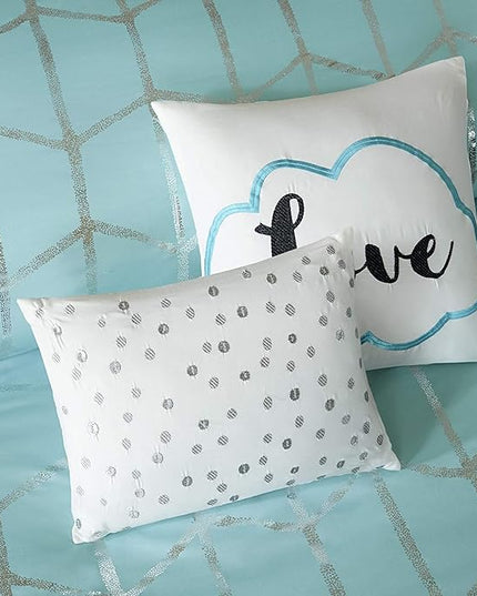 Intelligent Design Raina Full / Queen Comforter Set, Soft Microfiber Comforter Set Queen, Modern Geometric Metallic Bed Set, 5 Pieces College Bedding Comforter Set with 2 Shams, 2 Toss Pillows Aqua - LeafyLoom