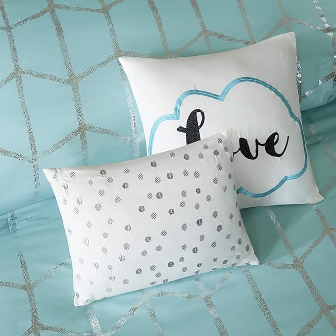 Intelligent Design Raina King / Cal King Comforter Set, Soft Microfiber Comforter Set King, Modern Geometric Metallic Bed Set, 5 Pieces College Bedding Comforter Set with 2 Shams, 2 Toss Pillows Aqua - LeafyLoom