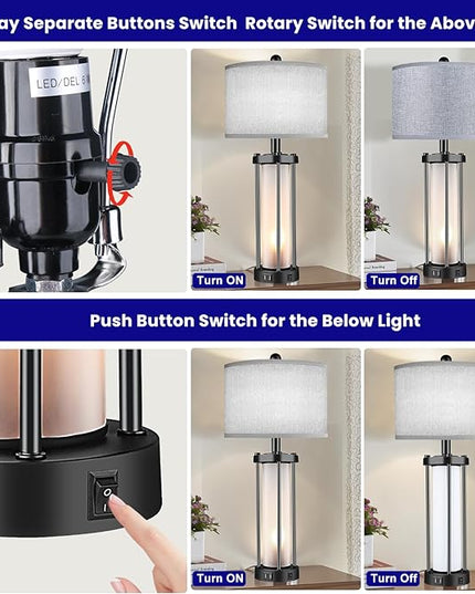 Table Lamps for Living Room Set of 2,26" Tall Bedside Farmhouse Table Lamps with LED Lantern Nightlight,Bedroom Nightstand Lamps with Dual USB Port Grey Fabric Shade (Bulbs Included) - LeafyLoom