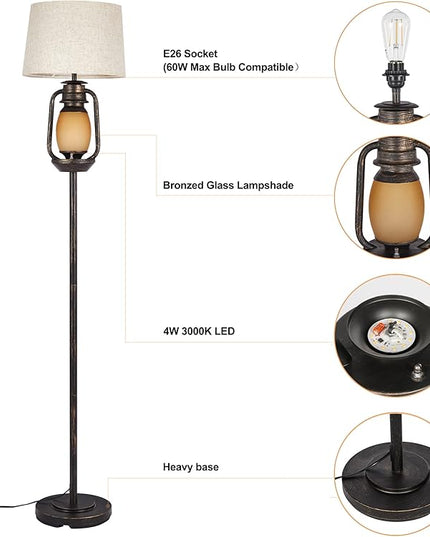 Suraielec Farmhouse Floor Lamp with Night Light, Rustic Standing Lamps for Living Room, Beige Linen Drum Lampshade, Oil Rubbed Bronze Finish, Traditional Floor Lamps for Bedroom Home Decor,Foot Switch - LeafyLoom