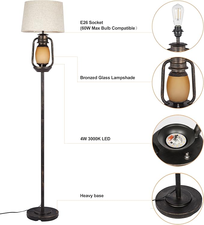 Suraielec Farmhouse Floor Lamp with Night Light, Rustic Standing Lamps for Living Room, Beige Linen Drum Lampshade, Oil Rubbed Bronze Finish, Traditional Floor Lamps for Bedroom Home Decor,Foot Switch - LeafyLoom