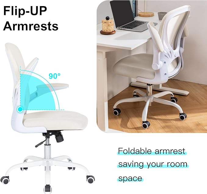 Desk Chair Mesh Office Chair with Flip-up Arms Mid Back Swivel Computer Chair Home Office Work Chair Girls Women's Desk Chair (White) - LeafyLoom