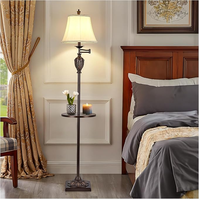 Traditional LED Floor Lamp with 350° Adjustable Swing Arm Lamp – Vintage Standing Pole lamp for Living Room, Bedroom and Office – Rustic Upright Floor Light for Home Décor with Silk Fabric Shade - LeafyLoom