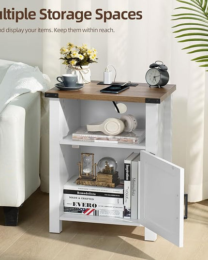 Nightstand with Charger Station and USB Port, 18 Inch Farmhouse Night Stand with Storage Shelf, Modern Couch Side Table with Magnetic Door, Bedside Tables for Bedroom, Home, Antique White - LeafyLoom