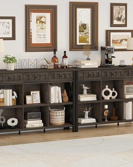 FATORRI Rustic 6 Cube Storage Organizer Shelf with 3 Drawers, Long Horizontal Bookshelf, Industrial Wood and Metal Cubby Bookcase (Walnut Brown, 47 Inch) - LeafyLoom