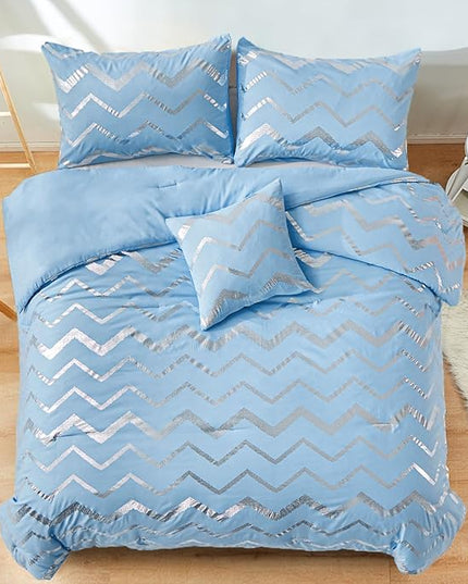 King Comforter Set Blue/Silver Metallic Print Glitter Bedding Set Cute Shinny Bed Sets for Teen Girls Kids Women, 4 Piece (2 Pillowcases, 1 Decorative Pillow Sham) - LeafyLoom