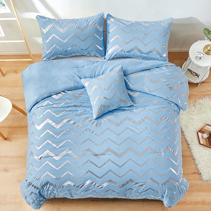 King Comforter Set Blue/Silver Metallic Print Glitter Bedding Set Cute Shinny Bed Sets for Teen Girls Kids Women, 4 Piece (2 Pillowcases, 1 Decorative Pillow Sham) - LeafyLoom