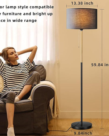 Modern Floor Lamp for Living Room Traditional Farmhouse Floor Lamps Mid-Century Pole Lamp with Linen Lamp Shade, Standing Tall Floor Lamps for Bedrooms and Office (Black) - LeafyLoom