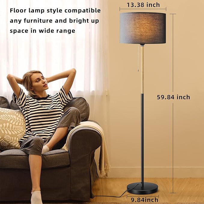 Modern Floor Lamp for Living Room Traditional Farmhouse Floor Lamps Mid-Century Pole Lamp with Linen Lamp Shade, Standing Tall Floor Lamps for Bedrooms and Office (Black) - LeafyLoom