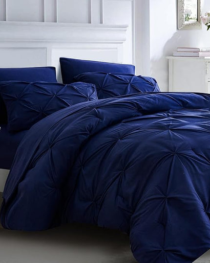 Ubauba 7pc Dark Blue King Comforter Set with Sheets, 7 Piece Pinch Pleating Bed in a Bag Royal Blue Bedding Comforters & Sets, Soft Fluffy Pintuck Bed Set (Navy,King) - LeafyLoom