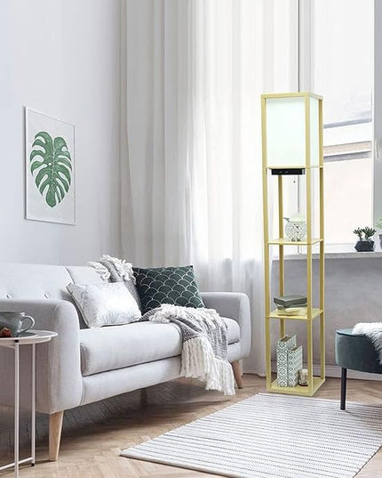 Simple Designs LF1037-TAN Floor Lamp Etagere Organizer Storage Shelf with 2 USB Charging Ports, 1 Charging Outlet and Linen Shade, Tan - LeafyLoom