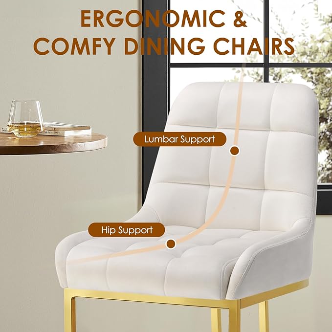 STARY Upholstered Velvet Armless Dining Room Chairs with Gold Metal Legs for Kitchen Restaurant, Beige- Set of 2 - LeafyLoom