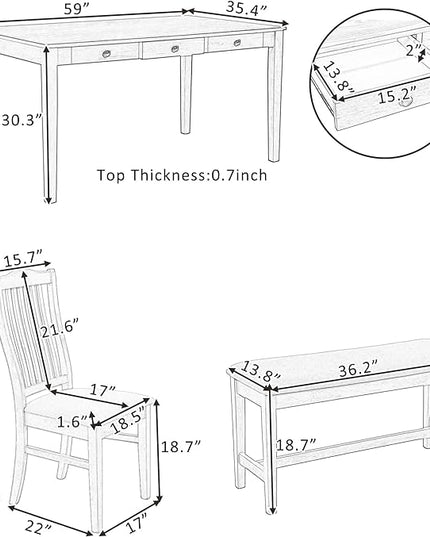6-Piece Wood Dining Table Set with Drawer, 4 Upholstered Chairs and Bench, for Kitchen, Living Room, Mid-Century Style, Butter Milk, 59" L x 35.4" W x 30.3" H - LeafyLoom