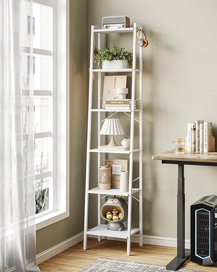 Ladder Shelf, Bookshelf Bookcase, Freestanding Corner Storage Shelve with 2 Hooks for Home Office, Living Room, Kitchen, Bedroom, Industrial, 6-Tier White BC13313W - LeafyLoom