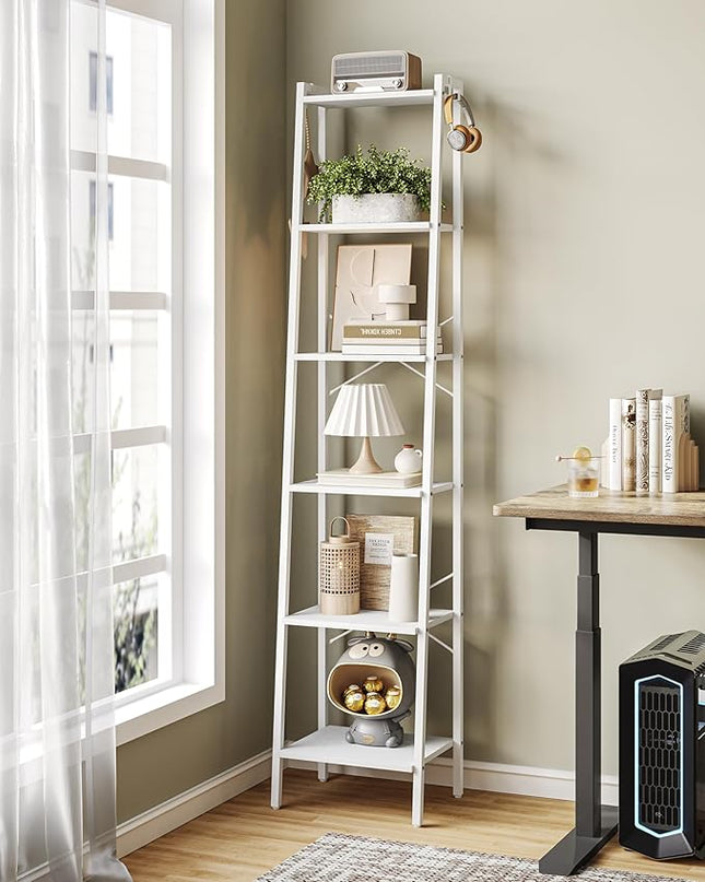 Ladder Shelf, Bookshelf Bookcase, Freestanding Corner Storage Shelve with 2 Hooks for Home Office, Living Room, Kitchen, Bedroom, Industrial, 6-Tier White BC13313W - LeafyLoom