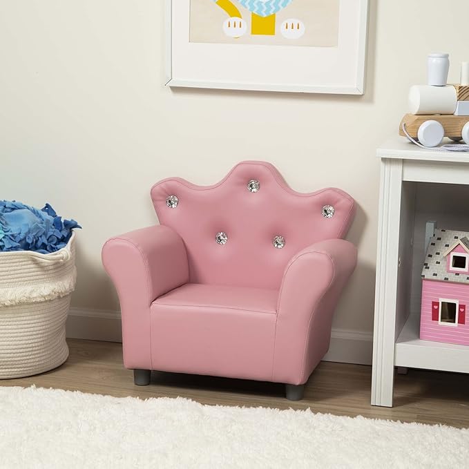 Melissa & Doug Pink Faux Leather Child’s Crown-Back Armchair (Kid’s Furniture) - Princess Chair For Toddlers, Children's Furniture, Pink Chair For Kids - LeafyLoom