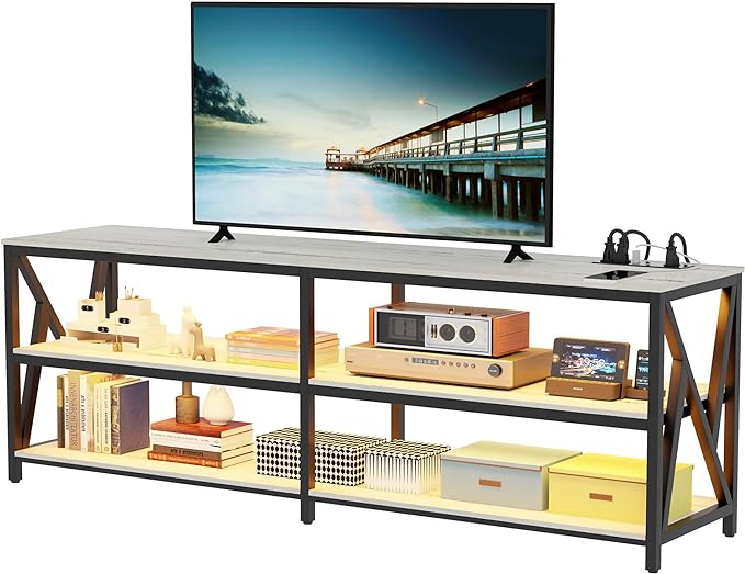 Lvifur LED TV Stand for 65 70 75 inch TV, Auto Sensor Entertainment Center with RGB Dimmable Lights, TV Console Table with Open Storage Shelves and Metal Frame (White) - LeafyLoom