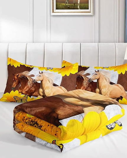 Kid Galloping Horse Comforter Sunflower Butterfly Cowhide Horse Bedding Set for Boys Girls Adult, 1 Comforter + 2 Pillowcases - LeafyLoom