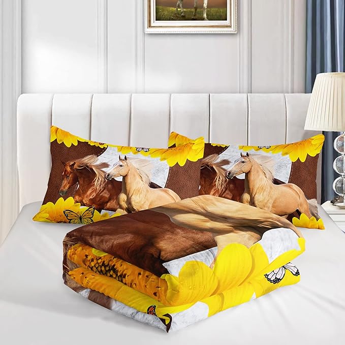Kid Galloping Horse Comforter Sunflower Butterfly Cowhide Horse Bedding Set for Boys Girls Adult, 1 Comforter + 2 Pillowcases - LeafyLoom