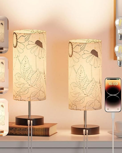Touch Control Desk Lamp with 2 USB Ports, 3-Way Dimmable Bedside Lamp for Bedroom, Nightstand Lamp with Round Flower Fabric Shade for Living Room, Home Office (secret-double) - LeafyLoom