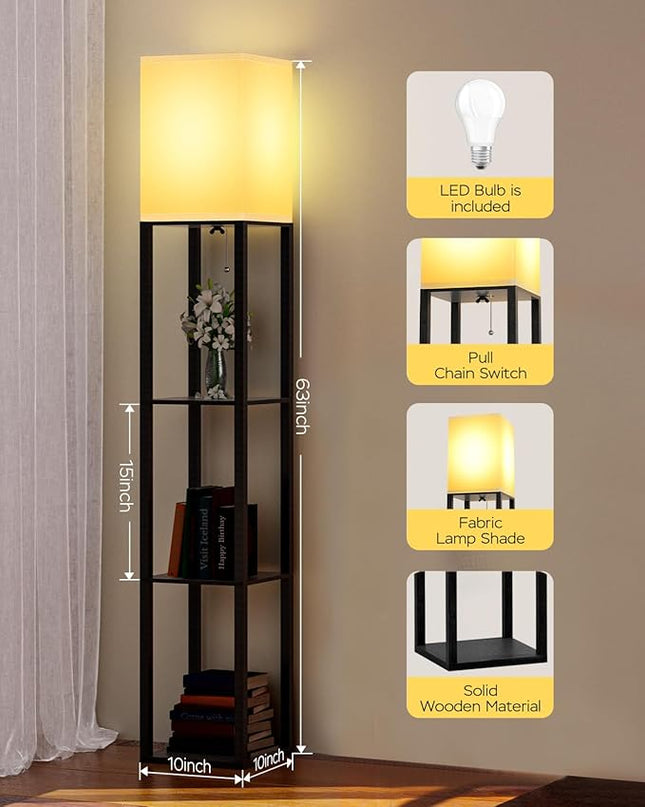 PAZZO Floor Lamp with Shelves by Solid Wood, Modern Shelf Floor Lamp with 3 Color Temperature, Linen Lampshade and Storage Shelves for Living Room, Bedroom, Bulb Included(Black) - LeafyLoom