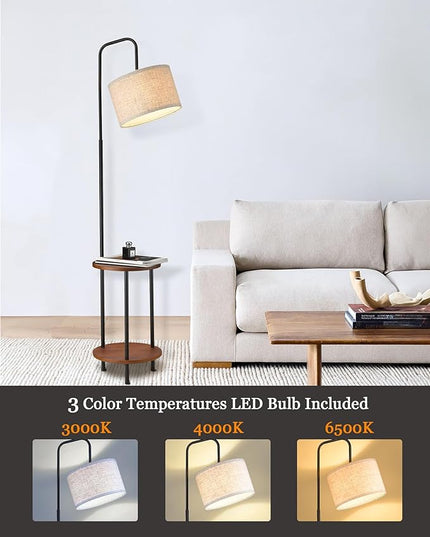 ELYONA Modern Floor Lamp with End Table, 3-Color Temperatures Solid Wood Side Table Lamp with Adjustable Drum Shade, Rustic Reading Standing Light for Bedroom, Living Room, LED Bulb Included, Brown - LeafyLoom