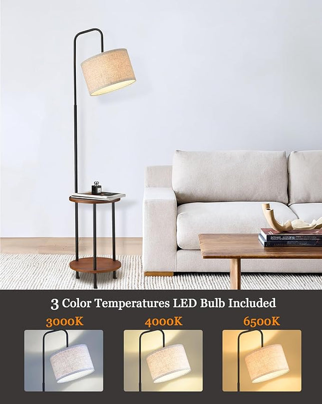 ELYONA Modern Floor Lamp with End Table, 3-Color Temperatures Solid Wood Side Table Lamp with Adjustable Drum Shade, Rustic Reading Standing Light for Bedroom, Living Room, LED Bulb Included, Brown - LeafyLoom