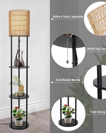 Floor Lamp with Shelves, Corner Floor Lamps for Living Room, Boho Floor Lamp with Double Shades, Rattan Standing Lamp for Bedroom Office, Shelf Tall Floor Lamp for Storage Display, Home Decor - LeafyLoom