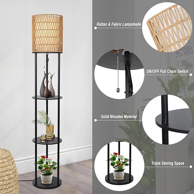 Floor Lamp with Shelves, Corner Floor Lamps for Living Room, Boho Floor Lamp with Double Shades, Rattan Standing Lamp for Bedroom Office, Shelf Tall Floor Lamp for Storage Display, Home Decor - LeafyLoom