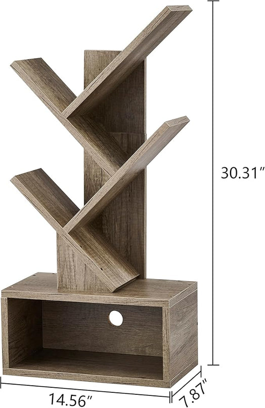 Hoctieon 3 Tier Tree Bookshelf, Modern Bookcase with Drawer, Freestanding Book shelf, Display Floor Standing Storage Shelf, Book Organizer Shelves for Home Office, Living Room, Bedroom, Greige - LeafyLoom