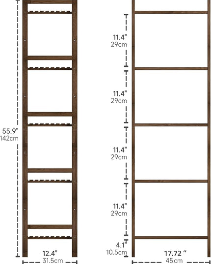 Bamboo Book Shelf, Tall Narrow Bookcase, Bathroom shelving Unit 5 tier Floor Standing Adjustable Bookshelf for Small Spaces, Walnut - LeafyLoom